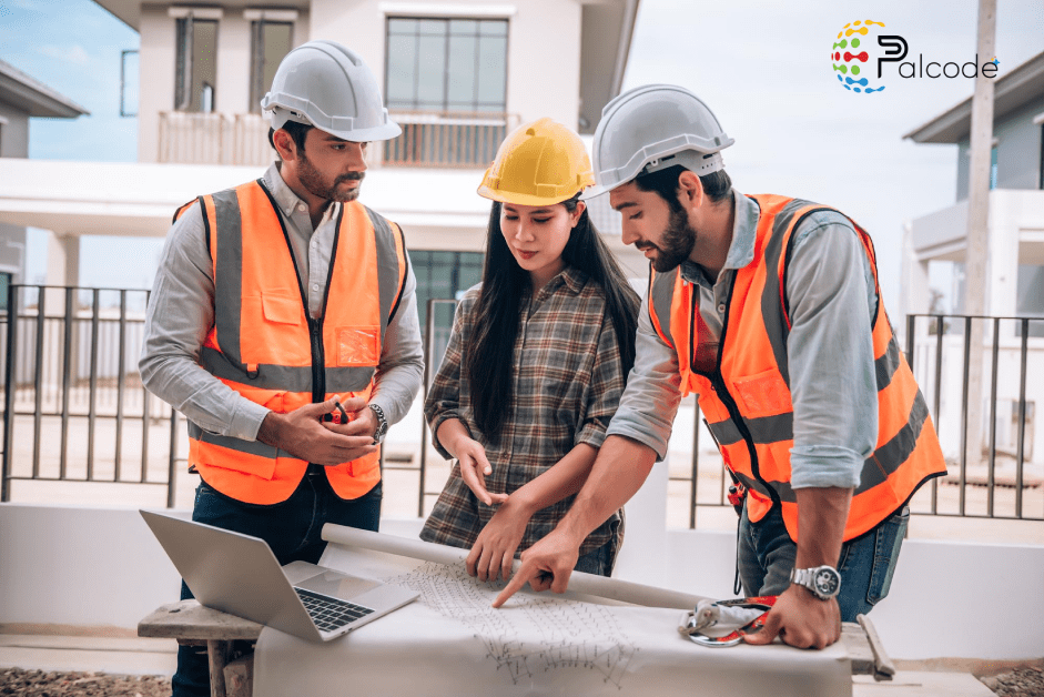 A trio of construction workers wearing hard hats and safety vests are gathered around a laptop, actively discussing construction RFIs (Requests for Information), ensuring efficient project collaboration.