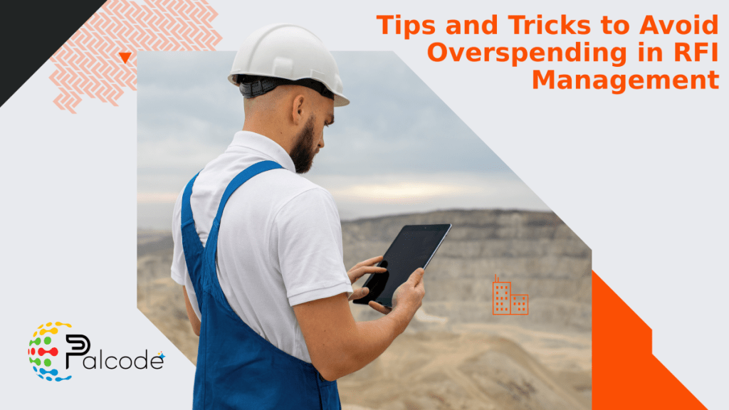 Engineer in a white helmet using a tablet with text about RFI management tips.