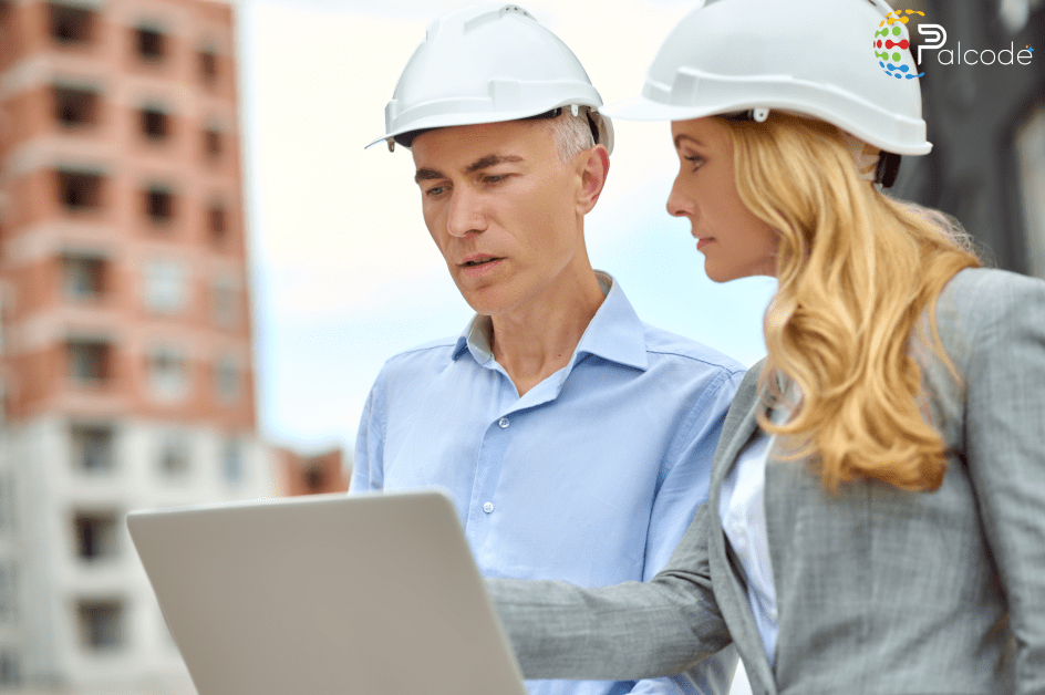 Two construction professionals in hard hats analyze bid evaluations using a laptop.