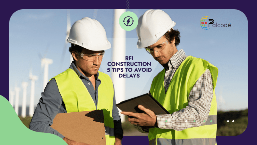 Two construction workers in safety gear review plans on a tablet in a wind farm. Text reads, RFI Construction 5 Tips to Avoid Delays.
