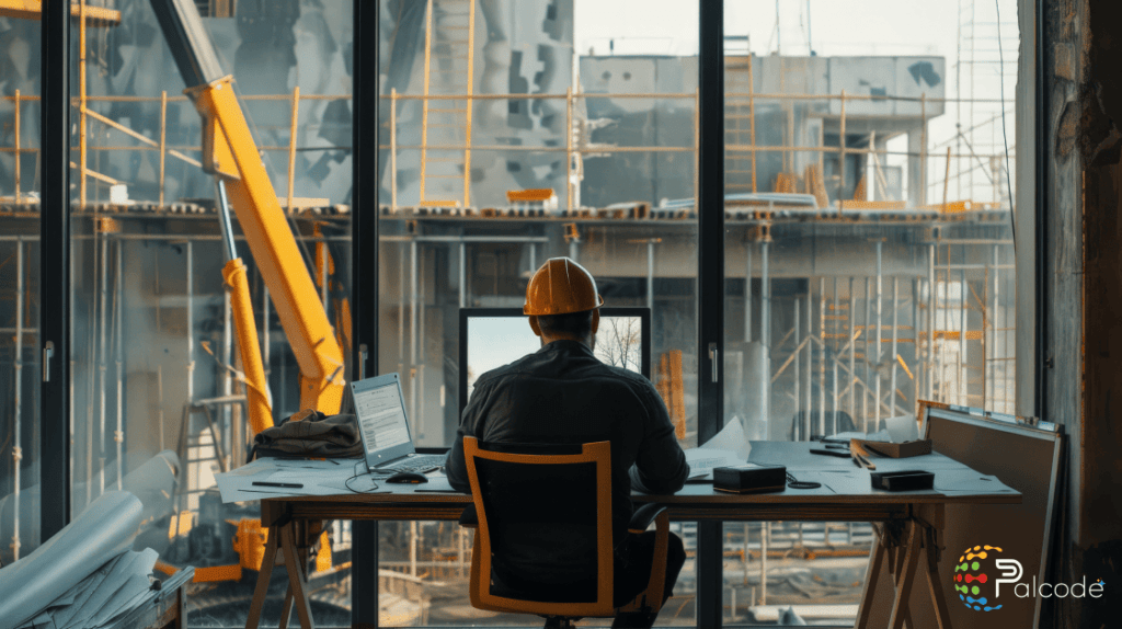 A man at a desk using construction risk management software on his computer, with a window providing natural light.