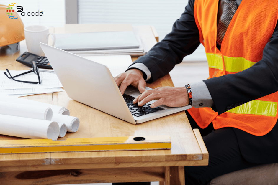 A man wearing a hard hat and safety vest is seated at a desk, engaged with subcontractor software on his computer.